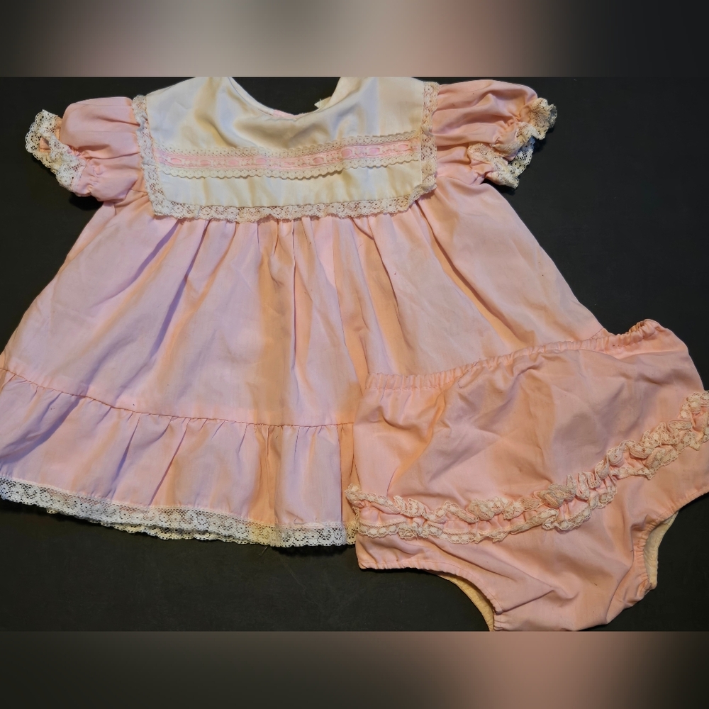 Set Super Cute Vintage Doll Clothes Pink Lace Trim. Plastic Lined Bottom.